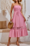Plain Strapless Smocked Buttoned Maxi Dress