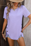 Plain Texture Side Button Irregular Length Short Sleeves Top