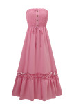 Plain Strapless Smocked Buttoned Maxi Dress