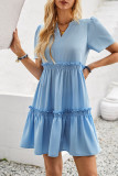 Plain V Neck Puff Ruffles Babydoll Dress