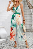 Printed V Neck Hollow Out Strappy Wide Leg Jumpsuit