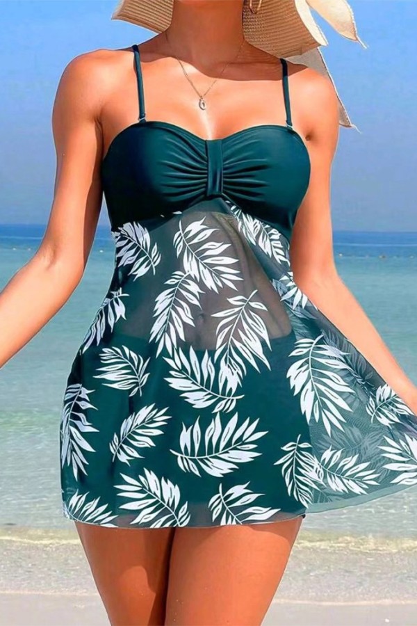 Sheer Printed Spaghetti Strap Tankini Set
