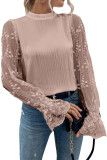 Apricot Pink Contrast Lace Sleeve Mock Neck Textured Blouse