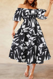 Printed Off Shoulder Bubble Sleeves Maxi Dress