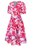 V Neck High Waist Puff Floral Dress