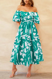 Printed Off Shoulder Bubble Sleeves Maxi Dress