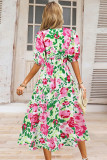 V Neck High Waist Puff Floral Dress