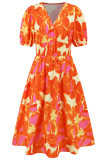 V Neck High Waist Puff Floral Dress