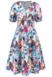 V Neck High Waist Puff Floral Dress