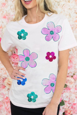 White Sequined Flower Pattern Round Neck T Shirt