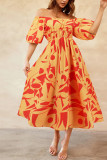 Printed Off Shoulder Bubble Sleeves Maxi Dress