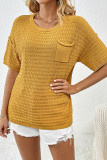 Plain Crochet Knit Pocket Short Sleeves Top