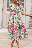 V Neck High Waist Puff Floral Dress