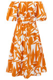 Printed Off Shoulder Bubble Sleeves Maxi Dress