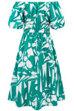 Printed Off Shoulder Bubble Sleeves Maxi Dress