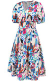 V Neck High Waist Puff Floral Dress