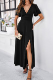 Plain V Neck High Waist Split Maxi Dress