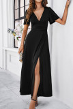 Plain V Neck High Waist Split Maxi Dress
