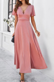 Plain V Neck High Waist Split Maxi Dress