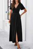 Plain V Neck High Waist Split Maxi Dress
