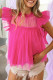 Strawberry Pink Tulle Ruffle Sleeve Flared Babydoll Blouse