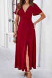 Plain V Neck High Waist Split Maxi Dress