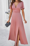 Plain V Neck High Waist Split Maxi Dress
