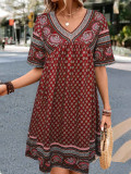 Vintage Retro V Neck Print Dress