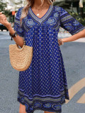 Vintage Retro V Neck Print Dress