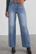 Washed Blue Mid-Waist Wide Leg Denim Jeans Pants