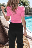 Bright Pink Waffle Knit Ruched Puff Sleeve Top
