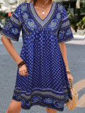 Vintage Retro V Neck Print Dress