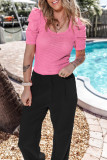 Bright Pink Waffle Knit Ruched Puff Sleeve Top