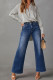 Washed Dark Blue Frayed Wide Leg Denim Jeans Pants