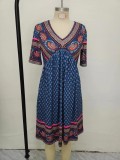 Vintage Retro V Neck Print Dress