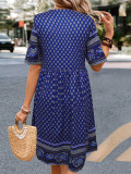 Vintage Retro V Neck Print Dress