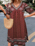 Vintage Retro V Neck Print Dress