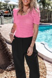 Bright Pink Waffle Knit Ruched Puff Sleeve Top