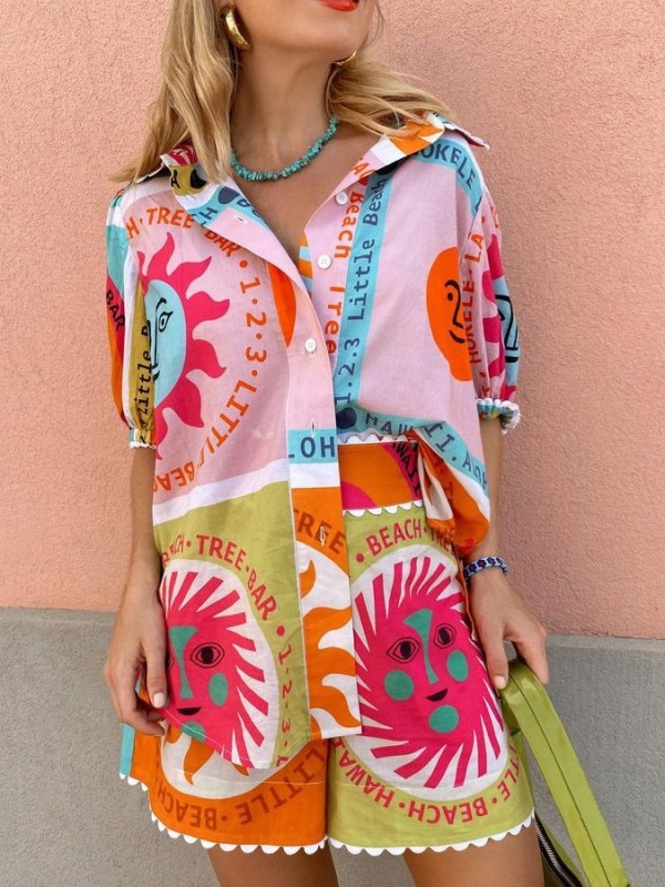 Print Button Up Shirt and Shorts Set