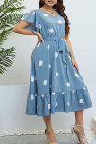 Blue Spot Print V Neck Plus Size Dress