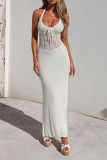 White Halter Neck Eyelet Knitting Dress