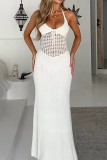 White Halter Neck Eyelet Knitting Dress