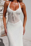 White Halter Neck Eyelet Knitting Dress