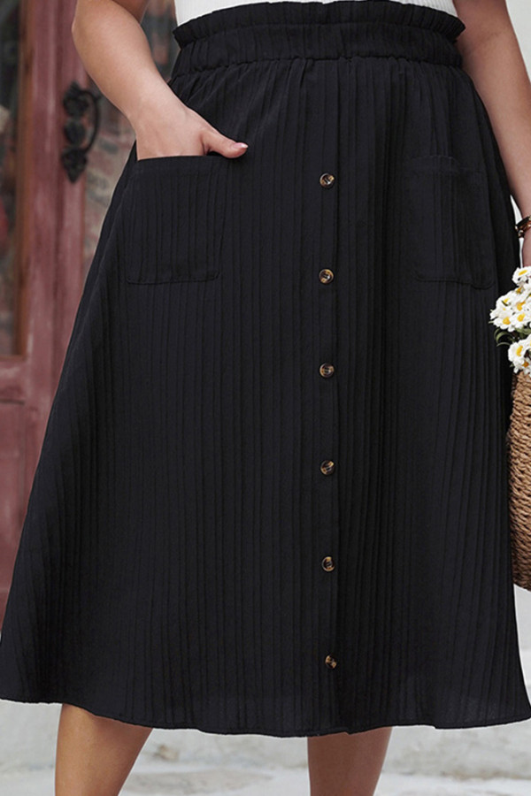 Black Textured Buttoned Elastic Waist Plus Size Skirt