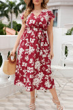 Red Plus Size V Neck Floral Dress