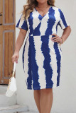 Blue Stripe V Neck Plus Size Dress