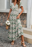 Wrap V Neck Smocked High Waist Maxi Floral Dress