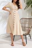 Apricot V Neck Buttoned High Waist Midi Dress