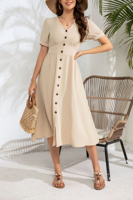 Apricot V Neck Buttoned High Waist Midi Dress