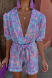 Tie Dye V Neck Bubble Sleeves Tie Waist Romper